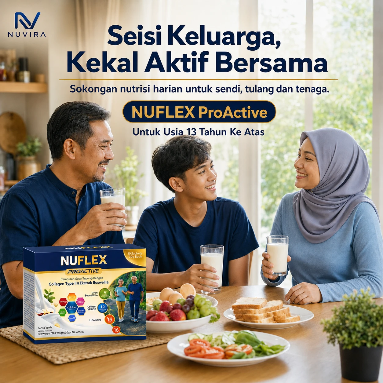 Poster keluarga menikmati NUFLEX ProActive untuk usia 13 tahun ke atas